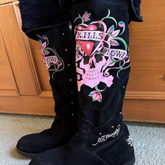 Ladies Ed Harding Black Suede Boots with Faux Fur Trim - Picture 2 of 4